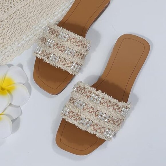 Color Block Faux Pearls Decor Leather Flat Slides - Picture 1 of 6